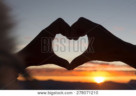 Woman Making Heart Shape During Sun Rise, God Is Love Concept, Heart Shape, Mountain Tourism, Symbol