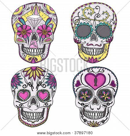 Mexican Skull Set. Colorful Skulls With Flower And Heart Ornamens. Sugar Skulls.