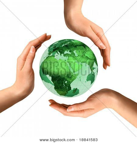 Conceptual recycling symbol made from hands over Earth globe Environment and ecology concept