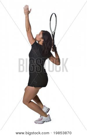 A pretty, athletic female tennis player isolated on a white background.