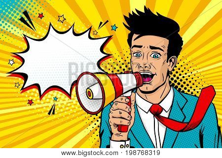 Wow pop art male face. Young handsome man with open mouth flying tie megaphone screaming announcement and empty speech bubble. Vector background in comic retro pop art style. Invitation poster.