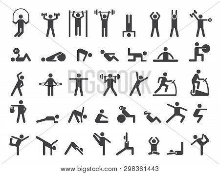 Fitness Symbols. Sport Exercise Stylized People Making Exercises Vector Icon. Fitness Exercise, Trai