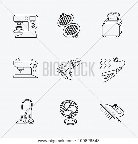 Coffee maker, sewing machine and toaster icons.