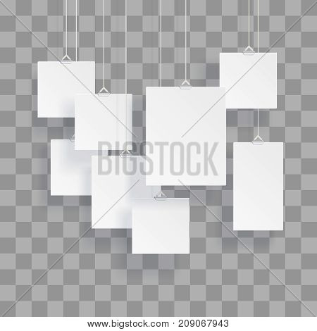 Blank hanging photo frames or poster templates isolated on transparent background. Photo picture hanging, frame paper gallery portfolio illustration