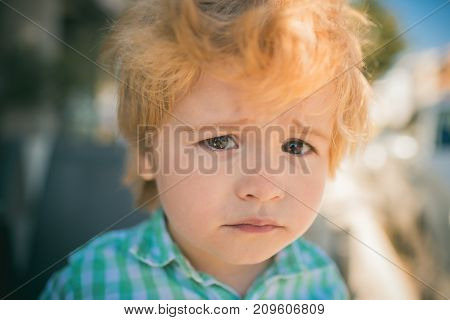 Sad Child Face, Emotions And Experiences. Children's Frustration, Frustrated Boy 3 Years Old. Sad Ey