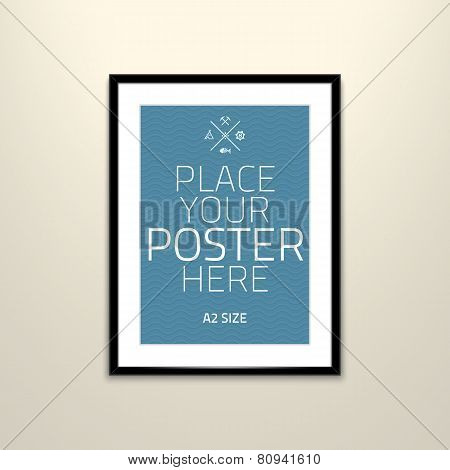 Vector template of frame with poster, placed in interior.