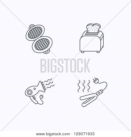 Curling iron, hair-dryer and toaster icons. Waffle-iron linear sign. Flat linear icons on white background. Vector