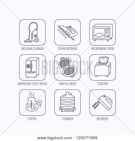 Microwave oven, coffee and blender icons. Refrigerator fridge, steamer and toaster linear signs. Vacuum cleaner, ironing and waffle-iron icons. Flat linear icons in squares on white background. Vector