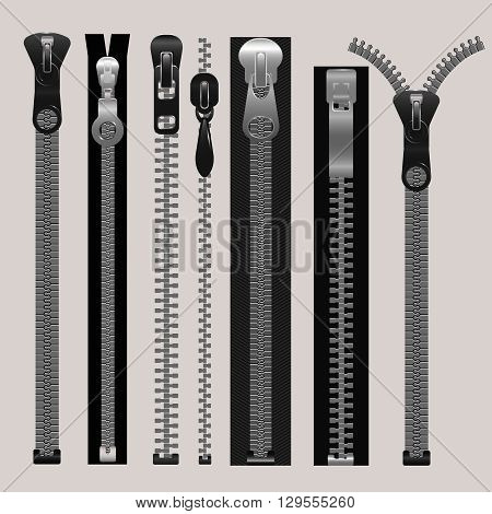 Vector zippers, fastener vector set. Fashion fastener, zippers for cloth, zipper metal, connection zippers illustration