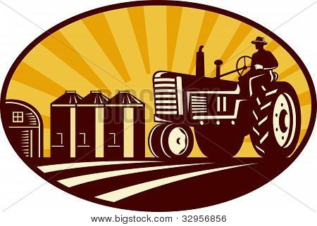 Farmer Driving Vintage Tractor Retro Woodcut