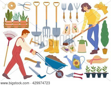 Gardeners With Gardening Equipment And Tools, Horticultural Elements, Plants. Shovel, Watering Can, 