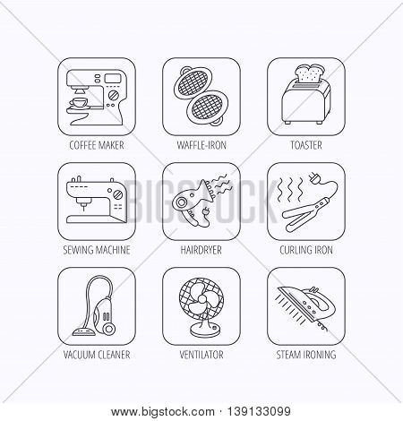 Coffee maker, sewing machine and toaster icons. Ventilator, vacuum cleaner linear signs. Hair dryer, steam ironing and waffle-iron icons. Flat linear icons in squares on white background. Vector