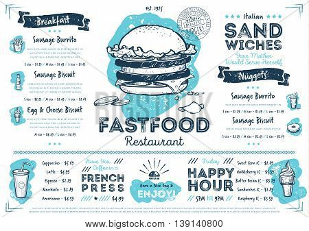 Restaurant menu design. Fast food cafe menu. Food menu template. Fast food restaurant flyer vintage design vector illustration. Gourmet menu board. Fast food cafe flyer. Hand drawings fast food elements. Vintage menu. Menu card.