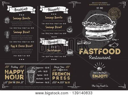 Burger menu design. Burger menu template. Chalkboard menu background. Fast food menu design template. Food menu card. Black menu design. Pizza, burgers, drinks and other hand drawing elements in vintage style. Burgers restaurant menu board.