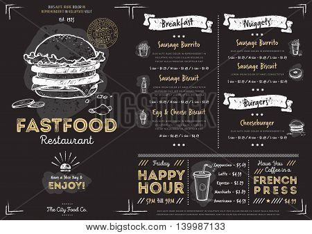 Chalkboard menu design. Menu template. Chalkboard menu background. Fast food menu design template. Food menu card. Black menu design. Pizza, burgers, drinks and other hand drawing elements in vintage style. Restaurant menu board.