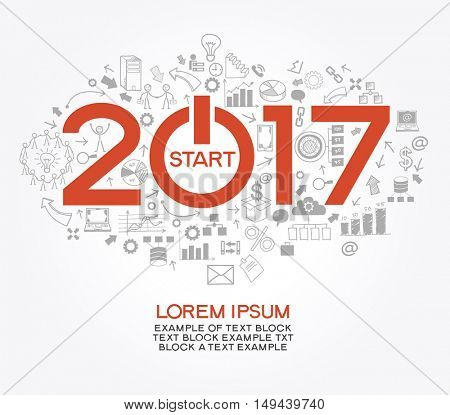 2017 text design on creative business success strategy. Concept modern template layout? 2017 text surrounded by doodle icons