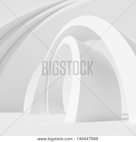 White Architecture Circular Background. Abstract Building Design. 3d Modern Architecture Render. Futuristic Building Construction