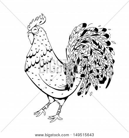 Vector illustration - dunghill cock. A series of farm animals. Graphics, handmade drawing Rooster. Vintage engraving style. Nature - Sketch. Isolated chicken bird on a white background.