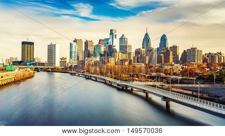 Panoramic picture of Philadelphia skyline and Schuylkill river, PA, USA.