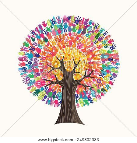 Tree Made Of Colorful Human Hands In Branches Creates A Vibrant Colors Sun. Community Help Concept, 