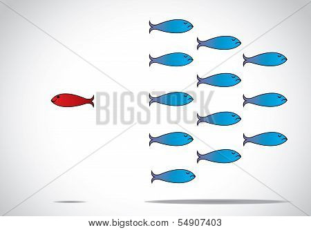 A Sharp Smart Alert Happy Red Fish With Open Eyes Going In Opposite Direction Of Group Of Sad fishes