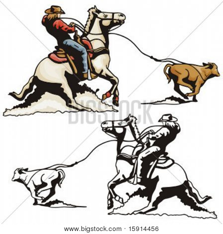 Illustration of a rodeo calf roping.