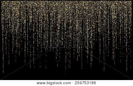 Garland Lights Gold Glitter Hanging Vertical Lines Vector Holiday Background. Confetti Dots Rain, Vi