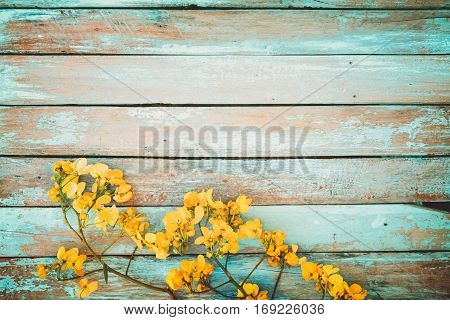 Yellow flowers on vintage wooden background border design. vintage color tone - concept flower of spring or summer background