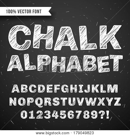 White chalk hand drawing vector alphabet, school font isolated on blackboard. Abc drawing on blackboard, illustration of sketch abc