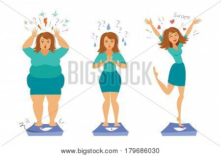 Fat and slim girls. Sadly thick woman and happy slender woman. Before and after. Weight loss concept. Vector illustration