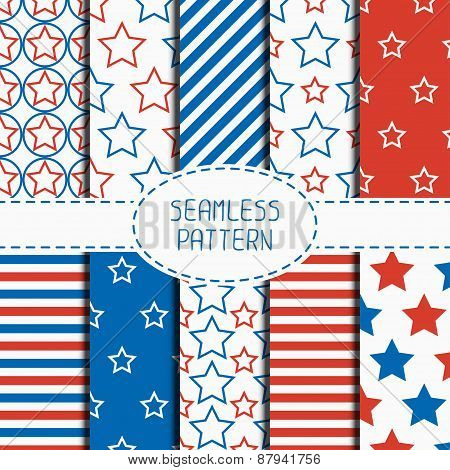 Set of geometric patriotic seamless pattern with red, white, blue stars. American symbols. USA flag.