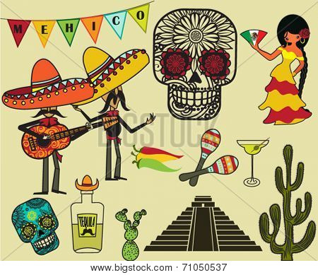 Mexico Clip Art and Symbols - Cartoon style illustration of Mexican symbols, including Mariachi band, tequila, Mexican senorita, calaveras and maracas 