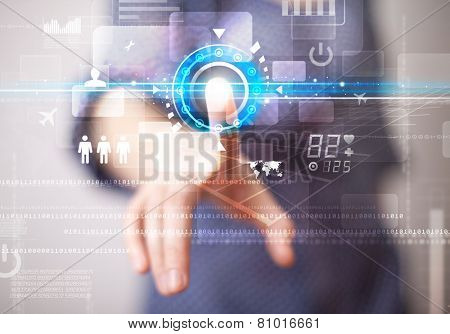 Business woman touching future web technology buttons and icons  