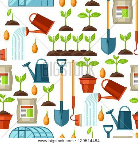 Seamless pattern with agriculture objects. Instruments for cultivation, plants seedling process, sta