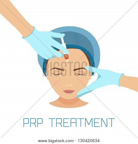 Platelet rich plasma facial injection. PRP therapy process for facelift and wrinkles. Female rejuvenation treatment infographics. Anti-ageing PRP injection procedure. Meso therapy. Vector illustration