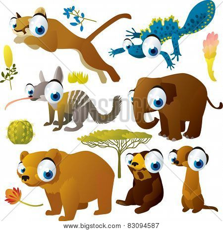 vector set of cartoon comic funny animals: puma, newt, elephant, numbat, grizzly, sunbear, meerkat