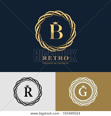 Emblem of the weaving circle. Monogram design elements graceful template. Simple logo design Letter B R G for Royalty business card Boutique Hotel Heraldic Web design. Vector illustration