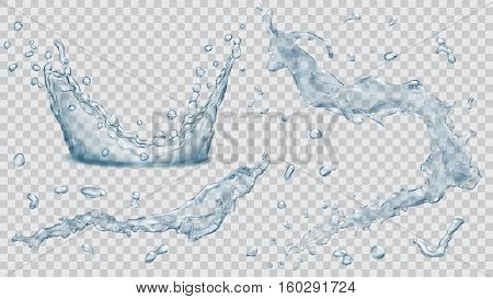 Water Splashes, Water Drops And Crown From Splash Of Water. Transparency Only In Vector File