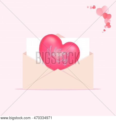 Valentine's Day Greeting Card Letter, Calligraphic Inscription With Pink Hearts. Open Envelope With 