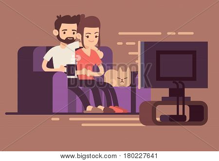 Relaxed happy young couple watching tv at home in living room. Couple woman and man on sofa with cat, illustration of young couple watch tv