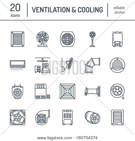 Ventilation equipment line icons. Air conditioning, cooling appliances, exhaust fan. Household and industrial ventilator thin linear signs for store.