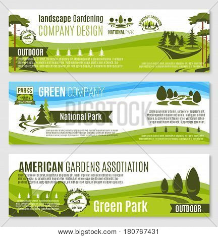 Landscape gardening or planting design company banners templates. Vector set of parks and green nature environment association and trees or gardens horticulture service