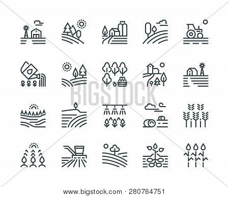 Farming Landscape Line Icons. Rural Houses, Planting Vegetables And Wheat Fields, Cultivated Crops. 