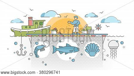 Aquaculture As Seafood Farming For Production Cultivation Outline Concept. Marine Farm Business With