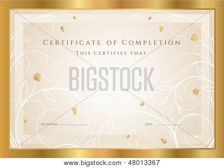 Certificate, Diploma of completion (template) with golden floral pattern (swirl, scroll), flower