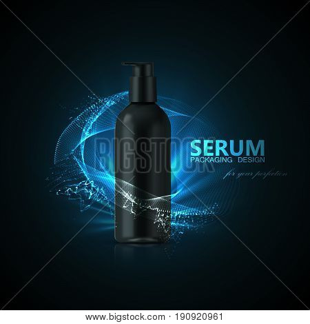 Anti aging serum ads poster template. Cosmetics product. Cosmetic packaging mockup design. Black bottle with shiny light rays and wave of particles. 3d vector fashion magazine illustration.