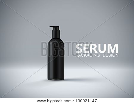 Anti aging serum for men skin ads poster template. Cosmetics product. Cosmetic packaging mockup design. Black bottle on light background. 3d vector fashion magazine illustration.