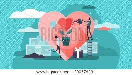 Philanthropy Vector Illustration. Flat Tiny Voluntary Charity Persons Concept. Symbolic Love Of Huma