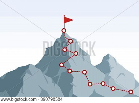 Mountain Climbing Route To Peak. Hiking Trip To The Top Of The Mountain Journey Path. Route Challeng