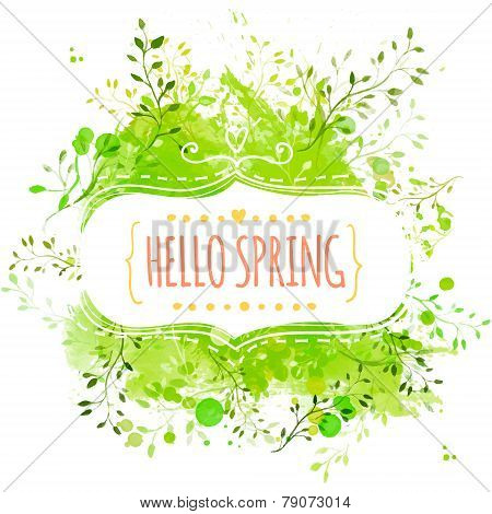 White decorative frame with text hello spring. Green paint splash background with leaves. Fresh vect